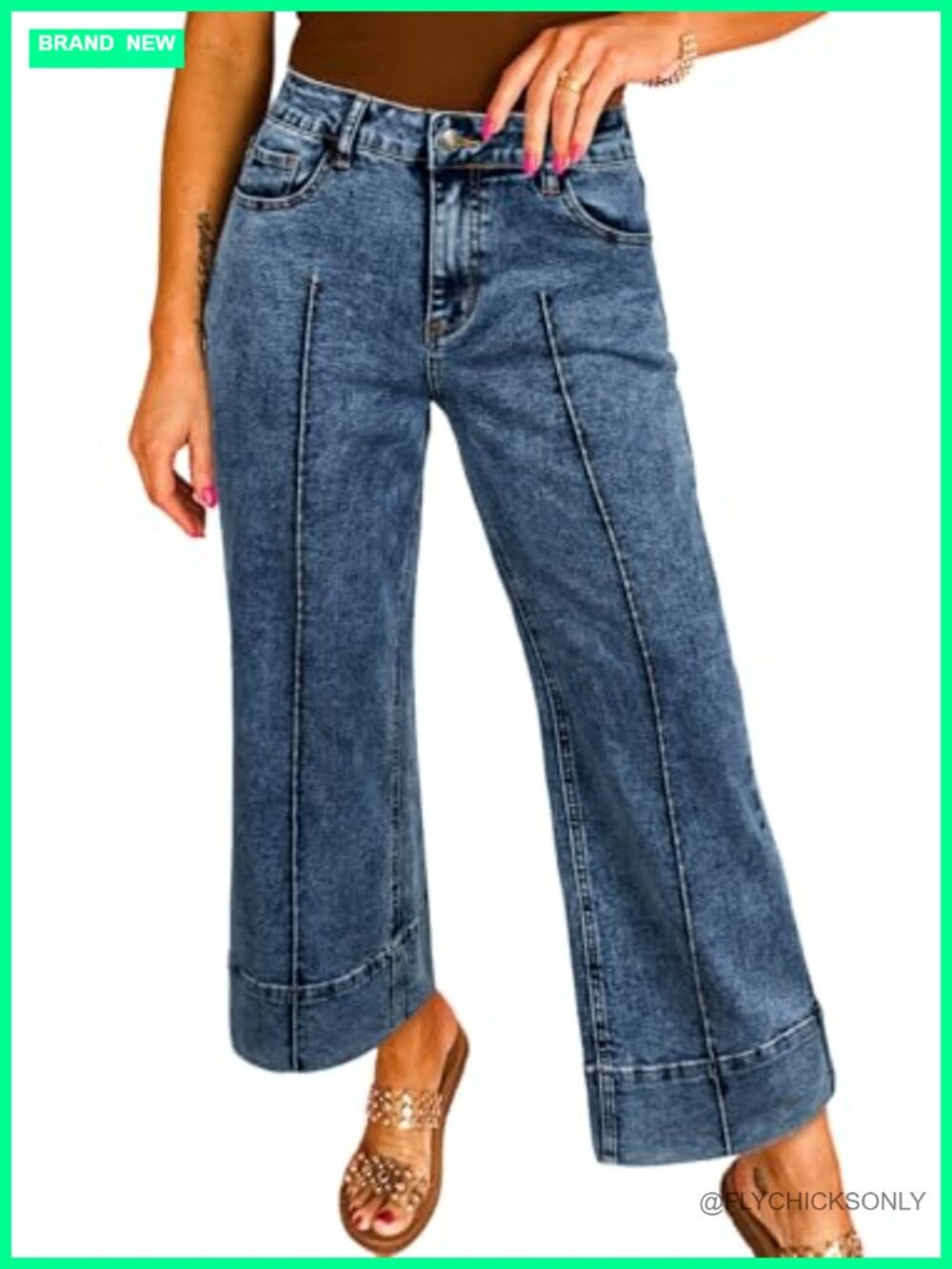 High Waisted Wide Leg Cropped Ankle Denim Jeans Tummy Control Stretch